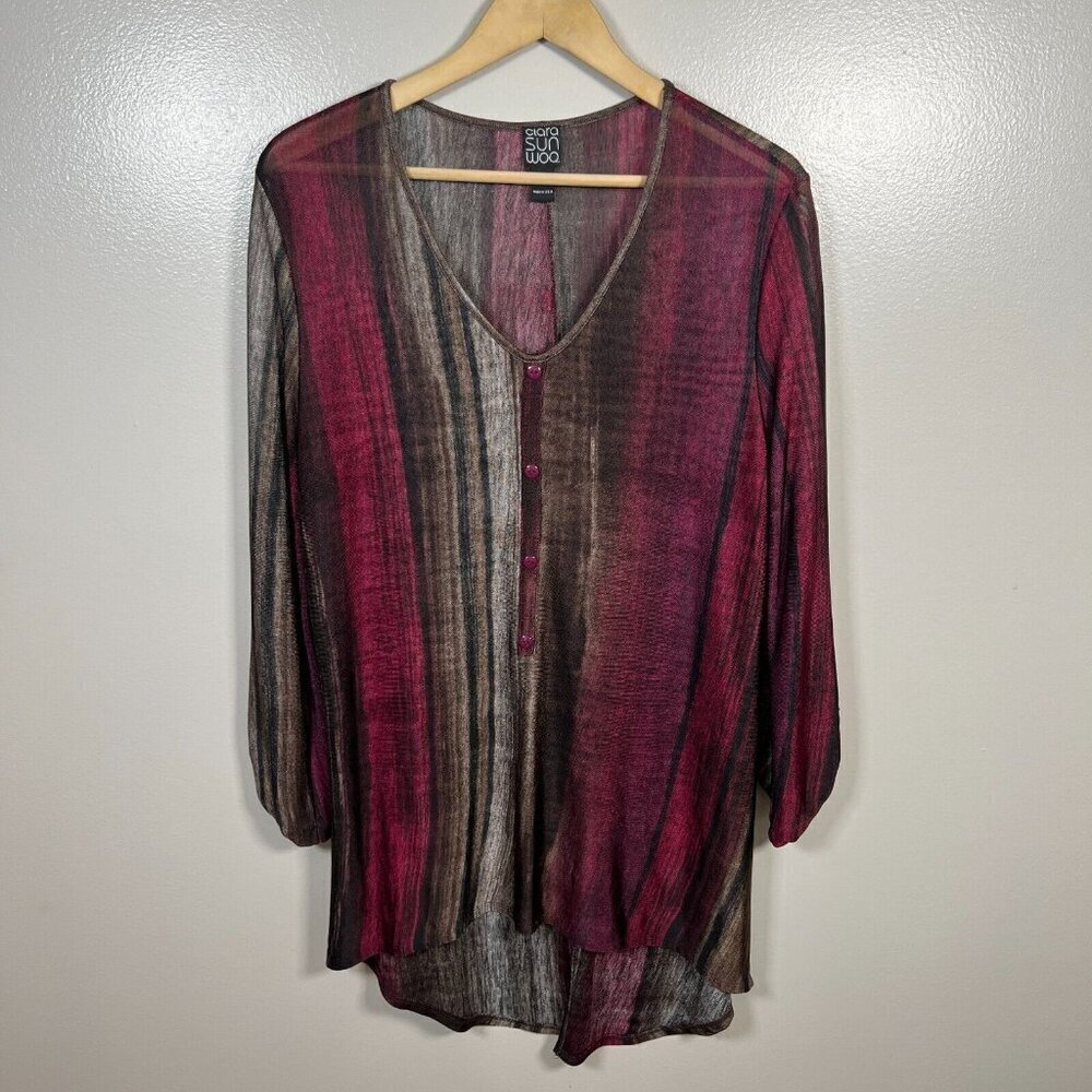 Clara Sun Woo Split Back Tunic Top SIze XL Red Brown Artsy Art to Wear Lagenlook
